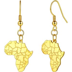 U7 African Map Earrings, Stainless Steel/Black/18K Gold Plated Exaggerated Hollow Out Earrings,Africa Dangle Earrings, Map of Africa Stud Earrings, Custom Name Earrings for Women(Nation Boundary-Gold)