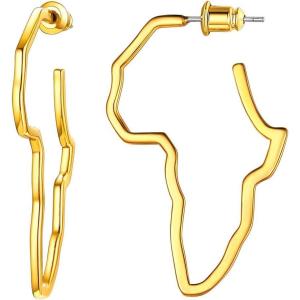 U7 African Map Earrings, Stainless Steel/Black/18K Gold Plated Exaggerated Hollow Out Earrings,Africa Dangle Earrings, Map of Africa Stud Earrings, Custom Name Earrings for Women(A: Gold-45MM)