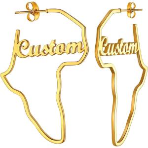 U7 African Map Earrings, Stainless Steel/Black/18K Gold Plated Exaggerated Hollow Out Earrings,Africa Dangle Earrings, Map of Africa Stud Earrings, Custom Name Earrings for Women(Custom Name-Gold-45MM)