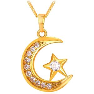 U7 Allah Necklace for Women/Men, 18K Gold Plated Square/Oval/Coin/Heart/Crescent Moon Islamic Pendant Necklace Muslim Jewelry with Chain(01.Crescent Moon gold)