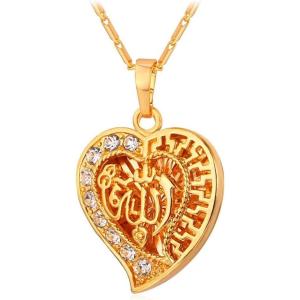 U7 Allah Pendant Necklace with Chain Platinum / 18K Gold Plated Muslim Jewelry Islamic Pendant(07.Gold Half Crystal Heart)