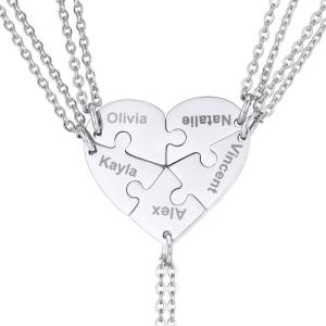 U7 BFF Necklace for 2/3/4/5/6 Women Girls Stainless Steel Personalized Family/Sibling/Friendship Jewelry Set Custom Best Friend Name Engrave Heart Puzzle Matching Pendant Necklaces(Heart Set of 5-Stainless-Customized)