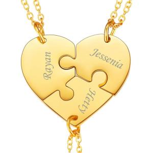 U7 BFF Necklace for 2/3/4/5/6 Women Girls Stainless Steel Personalized Family/Sibling/Friendship Jewelry Set Custom Best Friend Name Engrave Heart Puzzle Matching Pendant Necklaces(Heart Set of 3-Gold-Customized)