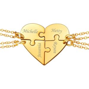 U7 BFF Necklace for 2/3/4/5/6 Women Girls Stainless Steel Personalized Family/Sibling/Friendship Jewelry Set Custom Best Friend Name Engrave Heart Puzzle Matching Pendant Necklaces(Heart Set of 4-Gold-Customized)