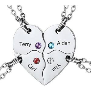 U7 BFF Necklace for 2/3/4/5/6 Women Girls Stainless Steel Personalized Family/Sibling/Friendship Jewelry Set Custom Best Friend Name Engrave Heart Puzzle Matching Pendant Necklaces(Heart Set of 4-Stainless & Birthstone)
