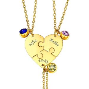 U7 BFF Necklace for 2/3/4/5/6 Women Girls Stainless Steel Personalized Family/Sibling/Friendship Jewelry Set Custom Best Friend Name Engrave Heart Puzzle Matching Pendant Necklaces(Heart Set of 3-Gold+Birthstone)