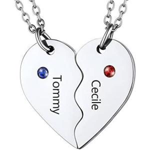 U7 BFF Necklace for 2/3/4/5/6 Women Girls Stainless Steel Personalized Family/Sibling/Friendship Jewelry Set Custom Best Friend Name Engrave Heart Puzzle Matching Pendant Necklaces(Heart Set of 2-Stainless & Birthstone)