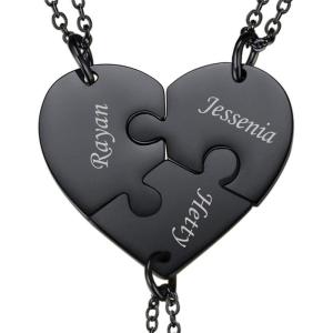 U7 BFF Necklace for 2/3/4/5/6 Women Girls Stainless Steel Personalized Family/Sibling/Friendship Jewelry Set Custom Best Friend Name Engrave Heart Puzzle Matching Pendant Necklaces(Heart Set of 3-Ion Black-Customized)