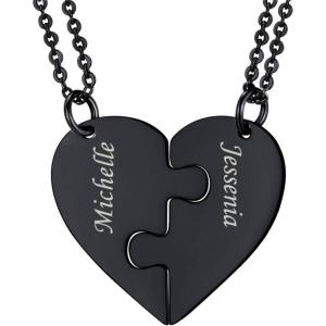 U7 BFF Necklace for 2/3/4/5/6 Women Girls Stainless Steel Personalized Family/Sibling/Friendship Jewelry Set Custom Best Friend Name Engrave Heart Puzzle Matching Pendant Necklaces(Heart Set of 2-Ion Black-Customized)