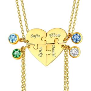 U7 BFF Necklace for 2/3/4/5/6 Women Girls Stainless Steel Personalized Family/Sibling/Friendship Jewelry Set Custom Best Friend Name Engrave Heart Puzzle Matching Pendant Necklaces(Heart Set of 4-Gold+Birthstone)