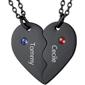 U7 BFF Necklace for 2/3/4/5/6 Women Girls Stainless Steel Personalized Family/Sibling/Friendship Jewelry Set Custom Best Friend Name Engrave Heart Puzzle Matching Pendant Necklaces(Heart Set of 2-Black & Birthstone)