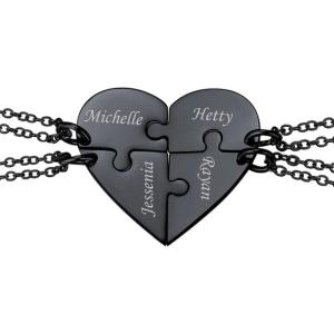 U7 BFF Necklace for 2/3/4/5/6 Women Girls Stainless Steel Personalized Family/Sibling/Friendship Jewelry Set Custom Best Friend Name Engrave Heart Puzzle Matching Pendant Necklaces(Heart Set of 4-Ion Black-Customized)