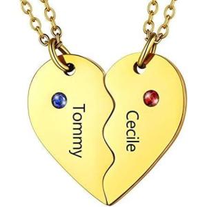 U7 BFF Necklace for 2/3/4/5/6 Women Girls Stainless Steel Personalized Family/Sibling/Friendship Jewelry Set Custom Best Friend Name Engrave Heart Puzzle Matching Pendant Necklaces(Heart Set of 2-Gold & Birthstone)