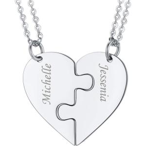 U7 BFF Necklace for 2/3/4/5/6 Women Girls Stainless Steel Personalized Family/Sibling/Friendship Jewelry Set Custom Best Friend Name Engrave Heart Puzzle Matching Pendant Necklaces(Heart Set of 2-Stainless-Customized)