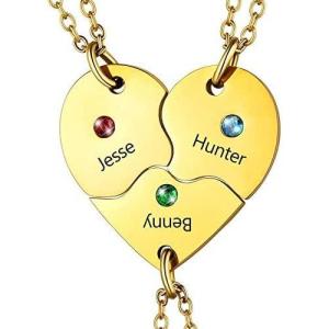 U7 BFF Necklace for 2/3/4/5/6 Women Girls Stainless Steel Personalized Family/Sibling/Friendship Jewelry Set Custom Best Friend Name Engrave Heart Puzzle Matching Pendant Necklaces(Heart Set of 3-Gold & Birthstone)