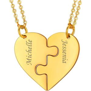 U7 BFF Necklace for 2/3/4/5/6 Women Girls Stainless Steel Personalized Family/Sibling/Friendship Jewelry Set Custom Best Friend Name Engrave Heart Puzzle Matching Pendant Necklaces(Heart Set of 2-Gold-Customized)