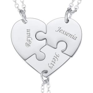 U7 BFF Necklace for 2/3/4/5/6 Women Girls Stainless Steel Personalized Family/Sibling/Friendship Jewelry Set Custom Best Friend Name Engrave Heart Puzzle Matching Pendant Necklaces(Heart Set of 3-Stainless-Customized)