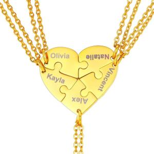 U7 BFF Necklace for 2/3/4/5/6 Women Girls Stainless Steel Personalized Family/Sibling/Friendship Jewelry Set Custom Best Friend Name Engrave Heart Puzzle Matching Pendant Necklaces(Heart Set of 5-Gold-Customized)