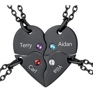 U7 BFF Necklace for 2/3/4/5/6 Women Girls Stainless Steel Personalized Family/Sibling/Friendship Jewelry Set Custom Best Friend Name Engrave Heart Puzzle Matching Pendant Necklaces(Heart Set of 4-Black & Birthstone)