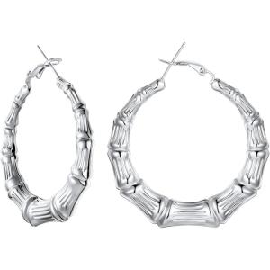 U7 Bamboo Earrings for Women 18K Gold Plated/Stainless Steel/Personalized Black Statement Extra Large Hoop Earrings 80s 90s Custom Name Huggie Earrings for Party Fashion Jewlery(03.Stainless Steel)