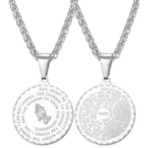 U7 Bible Verse Necklaces for Men Women Stainless Steel/18K Gold Plated Prayer Hands Coin Medal Pendant Necklace Christan Jewlery Gift (22-26Inch)(01-Bright Steel)