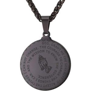 U7 Bible Verse Necklaces for Men Women Stainless Steel/18K Gold Plated Prayer Hands Coin Medal Pendant Necklace Christan Jewlery Gift (22-26Inch)(01-Deep Black)