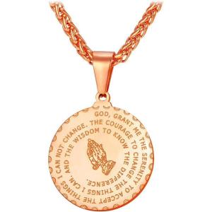 U7 Bible Verse Necklaces for Men Women Stainless Steel/18K Gold Plated Prayer Hands Coin Medal Pendant Necklace Christan Jewlery Gift (22-26Inch)(01-Rose Gold)