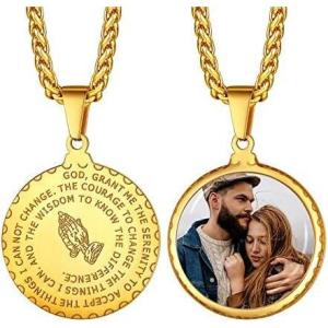 U7 Bible Verse Necklaces for Men Women Stainless Steel/18K Gold Plated Prayer Hands Coin Medal Pendant Necklace Christan Jewlery Gift (22-26Inch)(02-Gold Photo Customized)