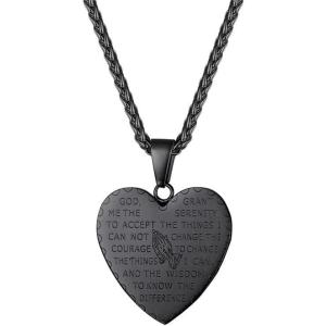 U7 Bible Verse Necklaces for Men Women Stainless Steel/18K Gold Plated Prayer Hands Coin Medal Pendant Necklace Christan Jewlery Gift (22-26Inch)(03-Black-Heart)