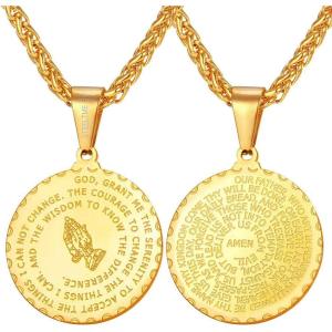 U7 Bible Verse Necklaces for Men Women Stainless Steel/18K Gold Plated Prayer Hands Coin Medal Pendant Necklace Christan Jewlery Gift (22-26Inch)(Gold+26″ Chain)
