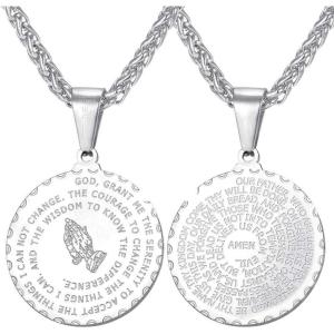 U7 Bible Verse Necklaces for Men Women Stainless Steel/18K Gold Plated Prayer Hands Coin Medal Pendant Necklace Christan Jewlery Gift (22-26Inch)(Stainless+24″ Chain)