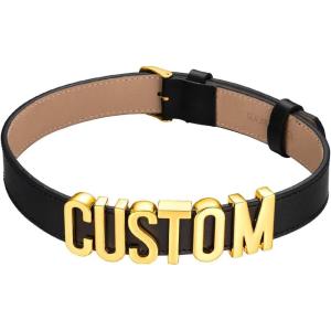 U7 Black Leather Choker Collar Custom with Platinum/18K Gold Plated Initial Names, Personalized Punk Jewelry for Cosplay, Adjustable Length 13-17 Inch(01.Custom(gold)-19mm wide)