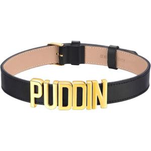U7 Black Leather Choker Collar Custom with Platinum/18K Gold Plated Initial Names, Personalized Punk Jewelry for Cosplay, Adjustable Length 13-17 Inch(04.PUDDIN Choker gold)