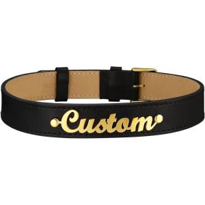 U7 Black Leather Choker Collar Custom with Platinum/18K Gold Plated Initial Names, Personalized Punk Jewelry for Cosplay, Adjustable Length 13-17 Inch(06.Nameplate gold-19mm wide)