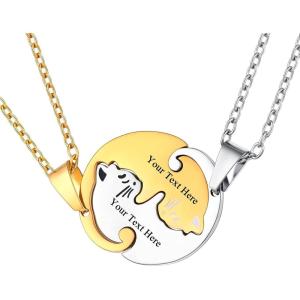 U7 Cat Pendant Necklace for Women Stainless Steel Cute Kitty Cat Jewelry Gift(02-Round Cat Set-Gold+Black(Customized))