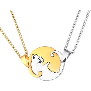 U7 Cat Pendant Necklace for Women Stainless Steel Cute Kitty Cat Jewelry Gift(02-Round Cat Set-Gold+Steel)