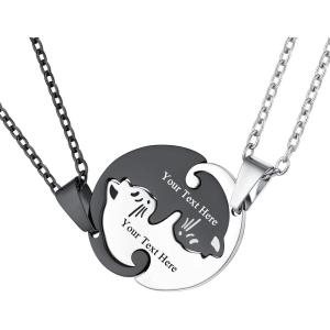 U7 Cat Pendant Necklace for Women Stainless Steel Cute Kitty Cat Jewelry Gift(02-Round Cat Set-Steel+Black(Customized))
