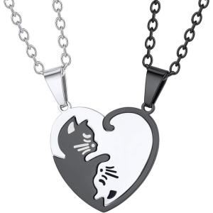 U7 Cat Pendant Necklace for Women Stainless Steel Cute Kitty Cat Jewelry Gift(03-Heart Cat Set-Steel+Black)