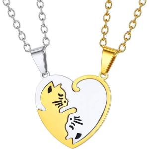 U7 Cat Pendant Necklace for Women Stainless Steel Cute Kitty Cat Jewelry Gift(03-Heart Cat Set-Steel+Gold(Customized))