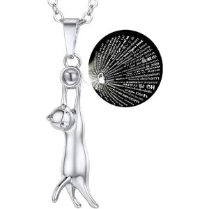 U7 Cat Pendant Necklace for Women Stainless Steel Cute Kitty Cat Jewelry Gift(04-Platinum+100 Languges I Love)