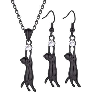 U7 Cat Pendant Necklace for Women Stainless Steel Cute Kitty Cat Jewelry Gift(Black (Necklace+Earrings))