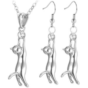U7 Cat Pendant Necklace for Women Stainless Steel Cute Kitty Cat Jewelry Gift(Platinum (Necklace+Earrings))