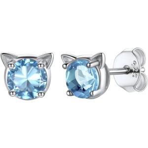 U7 Cat Stud Earrings Silver/Black/Silver/Gold Color,Birthstone Kitten Earrings, BarFaux Pearl Earrings Set, Women Teen Girls Gift(03.Aquamarine Blue)