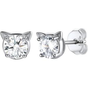 U7 Cat Stud Earrings Silver/Black/Silver/Gold Color,Birthstone Kitten Earrings, BarFaux Pearl Earrings Set, Women Teen Girls Gift(04.Diamond White)