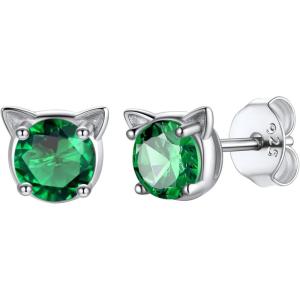U7 Cat Stud Earrings Silver/Black/Silver/Gold Color,Birthstone Kitten Earrings, BarFaux Pearl Earrings Set, Women Teen Girls Gift(05.Emerald Green)