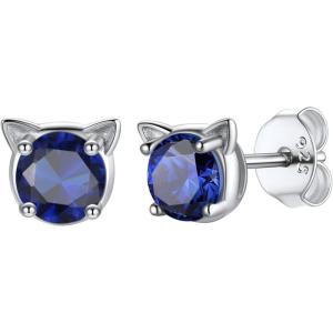 U7 Cat Stud Earrings Silver/Black/Silver/Gold Color,Birthstone Kitten Earrings, BarFaux Pearl Earrings Set, Women Teen Girls Gift(09.Sapphire Blue)