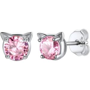 U7 Cat Stud Earrings Silver/Black/Silver/Gold Color,Birthstone Kitten Earrings, BarFaux Pearl Earrings Set, Women Teen Girls Gift(10.Pink)