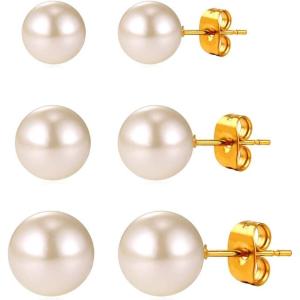 U7 Cat Stud Earrings Silver/Black/Silver/Gold Color,Birthstone Kitten Earrings, BarFaux Pearl Earrings Set, Women Teen Girls Gift(14. 3 Pairs Pearl Earrings Set – Gold Stud)