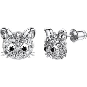 U7 Cat Stud Earrings Silver/Black/Silver/Gold Color,Birthstone Kitten Earrings, BarFaux Pearl Earrings Set, Women Teen Girls Gift(15.Platinum)