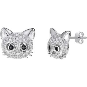U7 Cat Stud Earrings Silver/Black/Silver/Gold Color,Birthstone Kitten Earrings, BarFaux Pearl Earrings Set, Women Teen Girls Gift(18.Sterling silver)